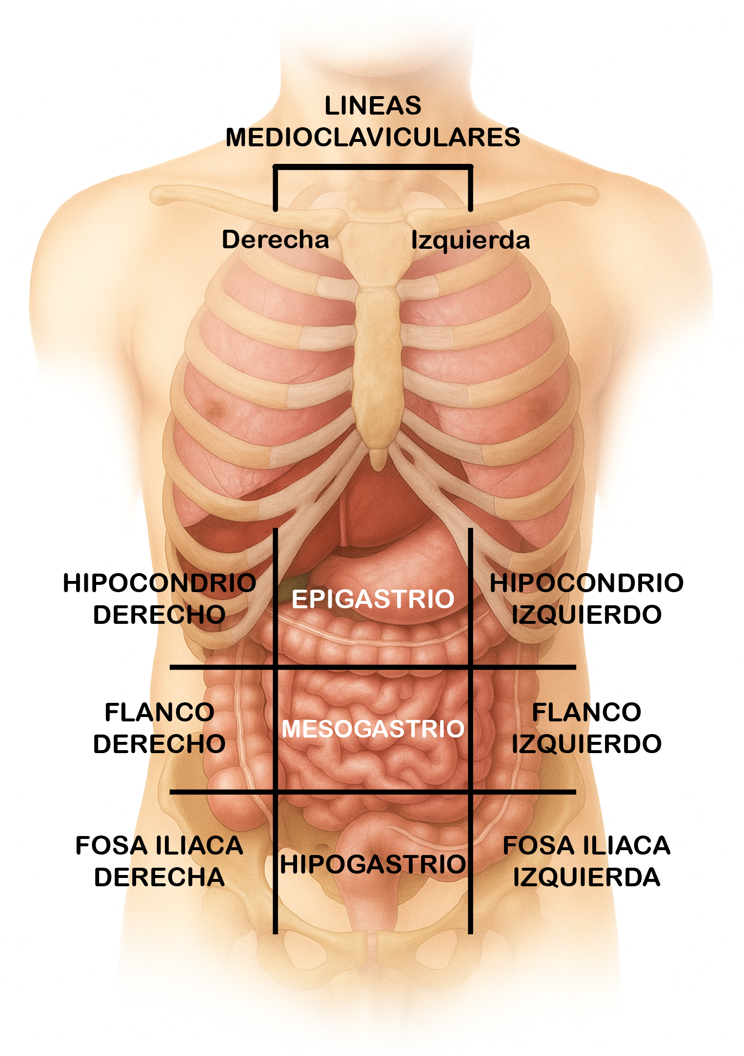 Diagrama de las nueve regiones abdominopélvicas utilizadas para la localización anatómica de órganos y estructuras del abdomen.