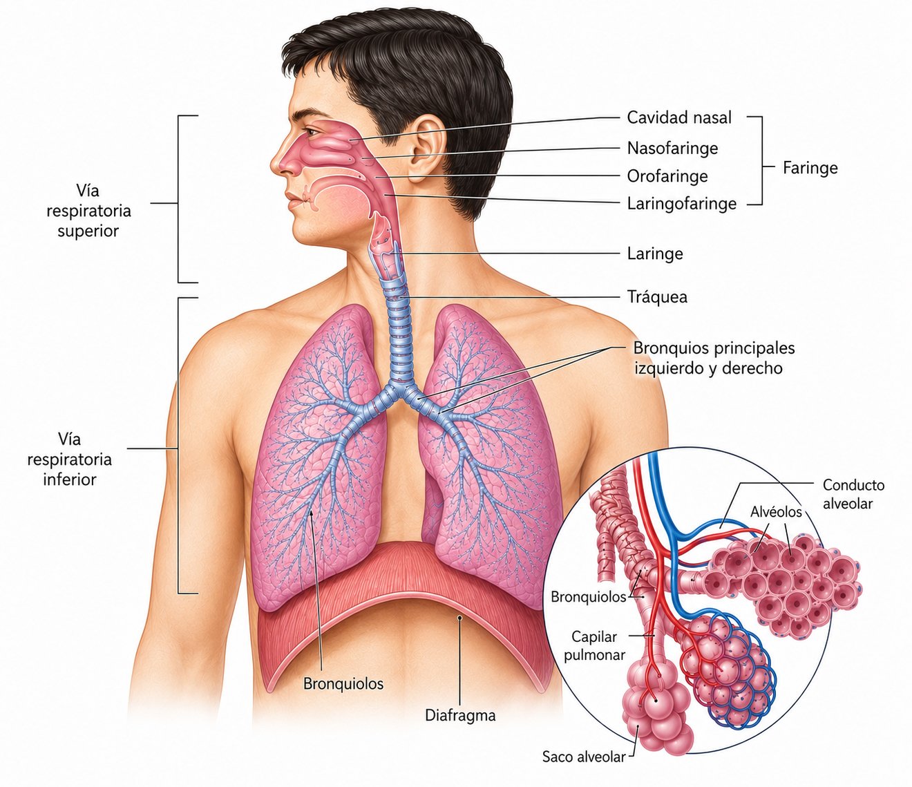 Anatomía del aparato respiratorio mostrando vías respiratorias superiores e inferiores, pulmones, bronquios, bronquiolos, alvéolos y diafragma.