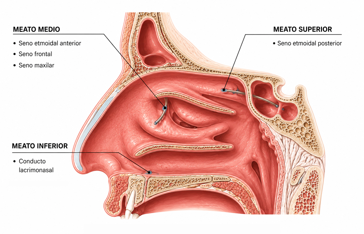Anatomía de los meatos nasales superior, medio e inferior mostrando las vías de drenaje de los senos paranasales hacia la cavidad nasal.