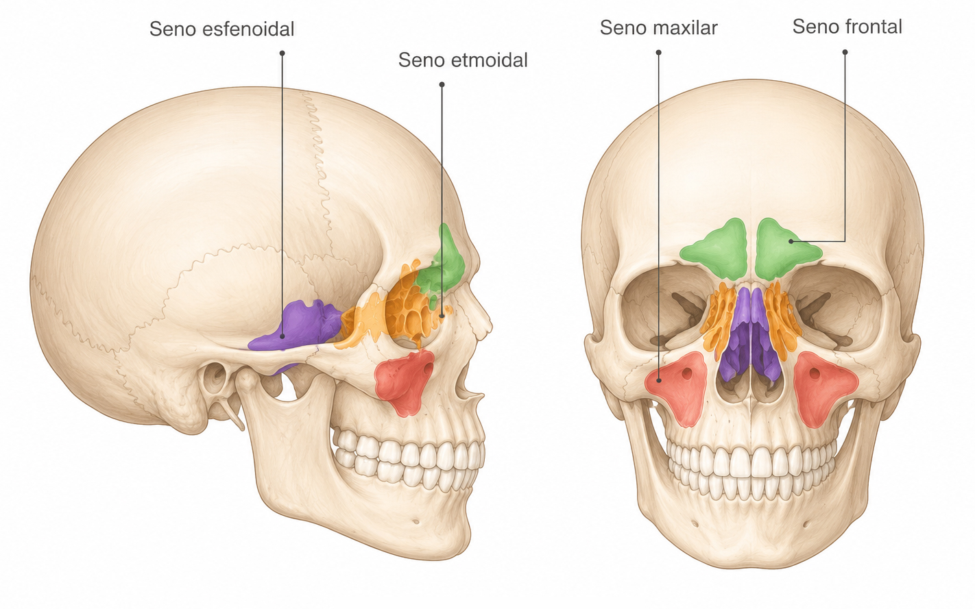 Vista lateral y frontal del cráneo que muestra la ubicación anatómica de los senos frontal, etmoidal, esfenoidal y maxilar.