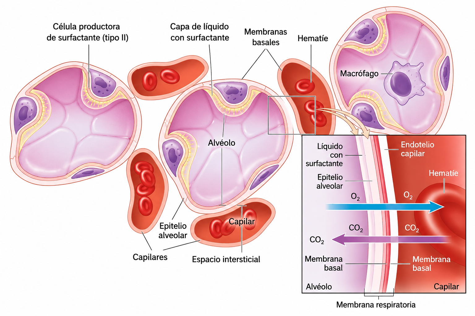 Estructura de intercambio gaseoso en los alvéolos pulmonares mostrando la membrana respiratoria, capilares sanguíneos y difusión de oxígeno y dióxido de carbono.