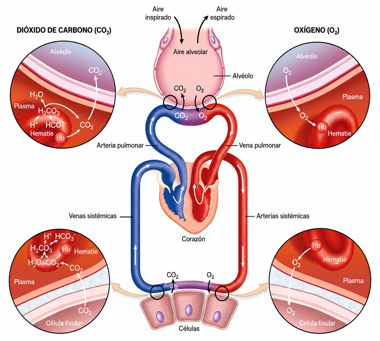 Diagrama del transporte de oxígeno y dióxido de carbono entre los pulmones, la sangre y los tejidos corporales mediante la circulación pulmonar y sistémica.