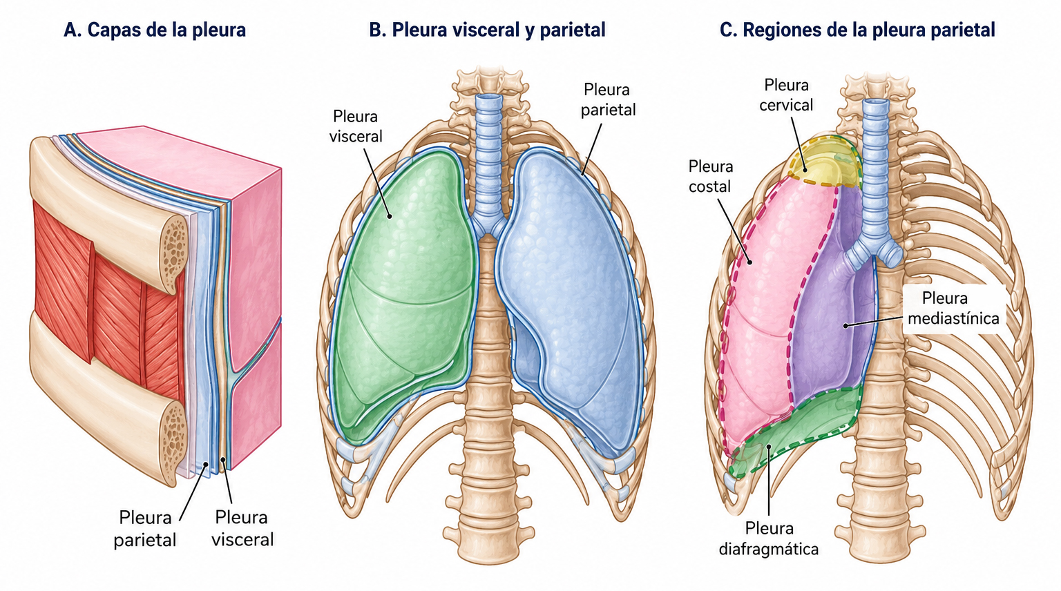 Pleura visceral y pleura parietal que recubren los pulmones y la cavidad torácica, mostrando las regiones de la pleura parietal y la cavidad pleural.