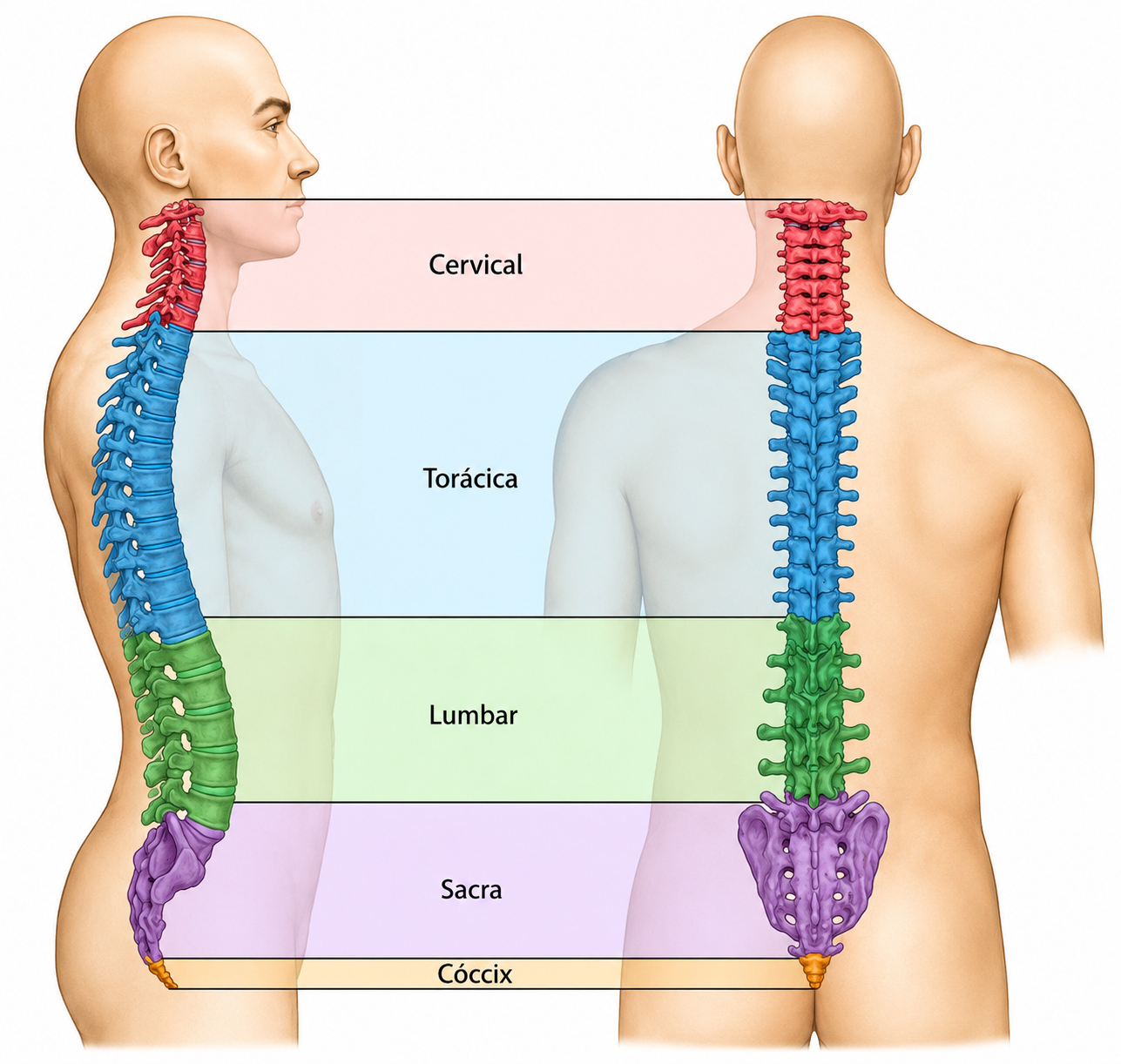 Regiones anatómicas de la columna vertebral humana en vista lateral y posterior