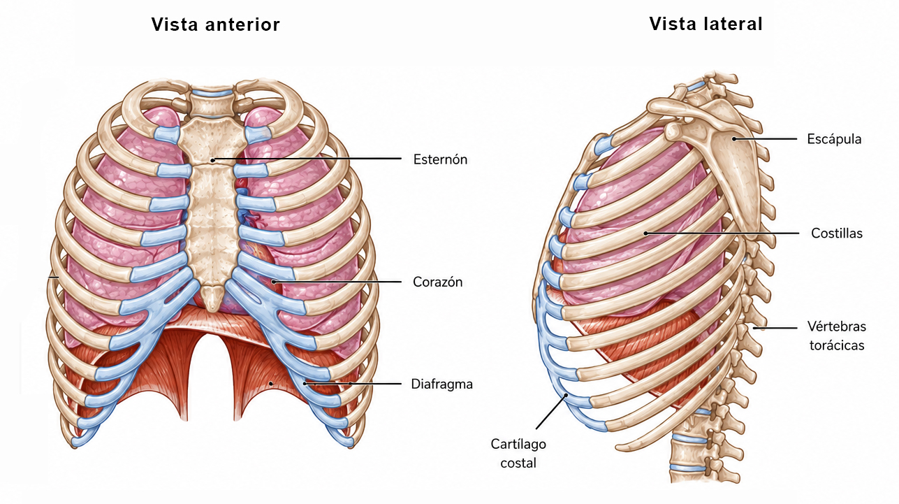 Caja torácica humana en vista anterior y lateral que muestra costillas, esternón, vértebras torácicas, cartílagos costales, pulmones, corazón y diafragma.