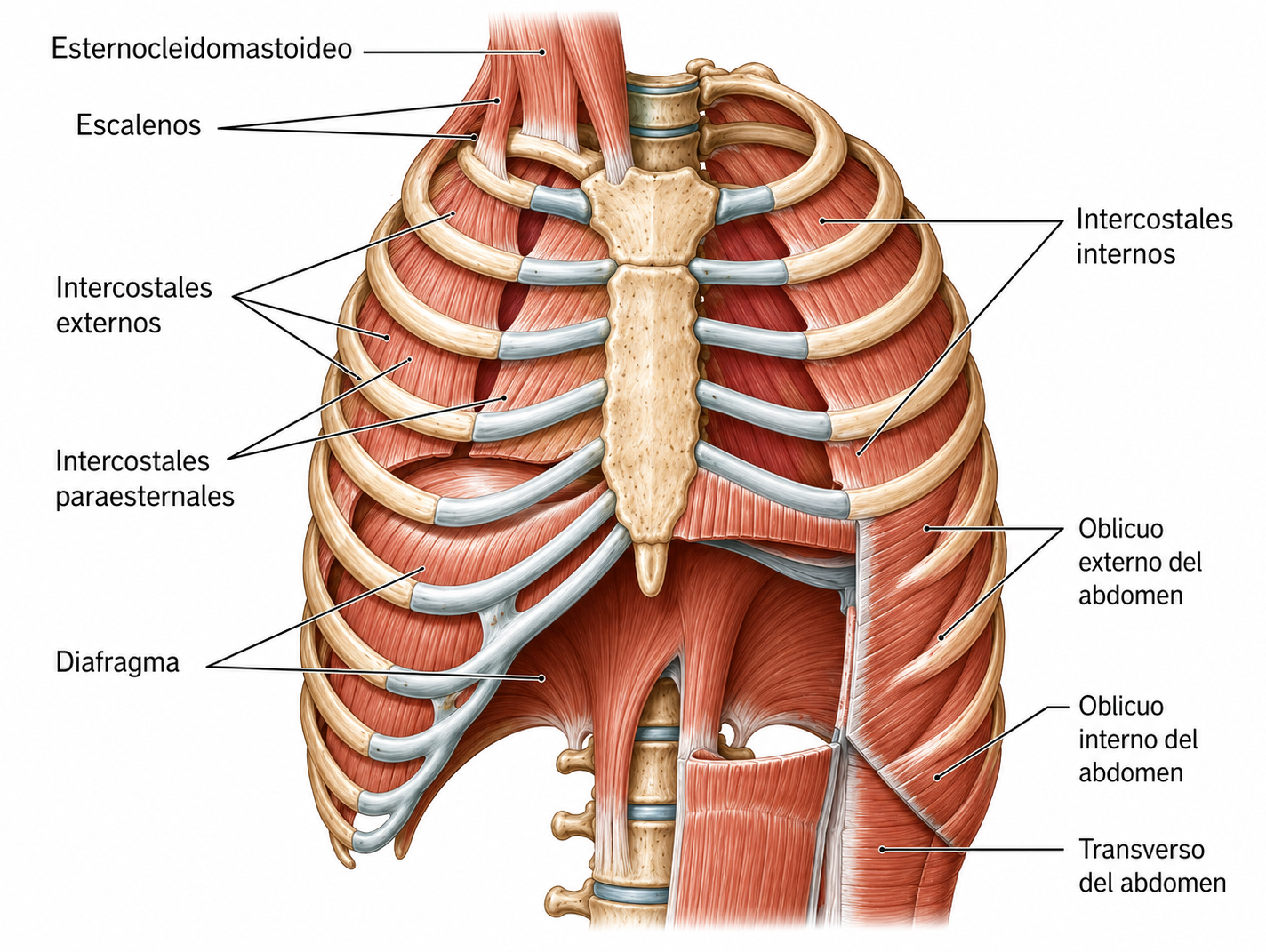Músculos respiratorios principales y accesorios que participan en la ventilación pulmonar, incluyendo diafragma, intercostales externos e internos, escalenos, esternocleidomastoideo y pectorales.
