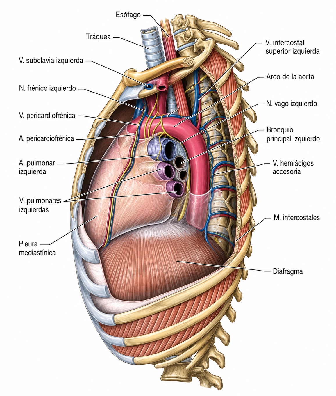 Vista anatómica del mediastino mostrando el esófago, tráquea, arco de la aorta, bronquio principal izquierdo, nervio vago, vasos sanguíneos y diafragma dentro de la cavidad torácica.