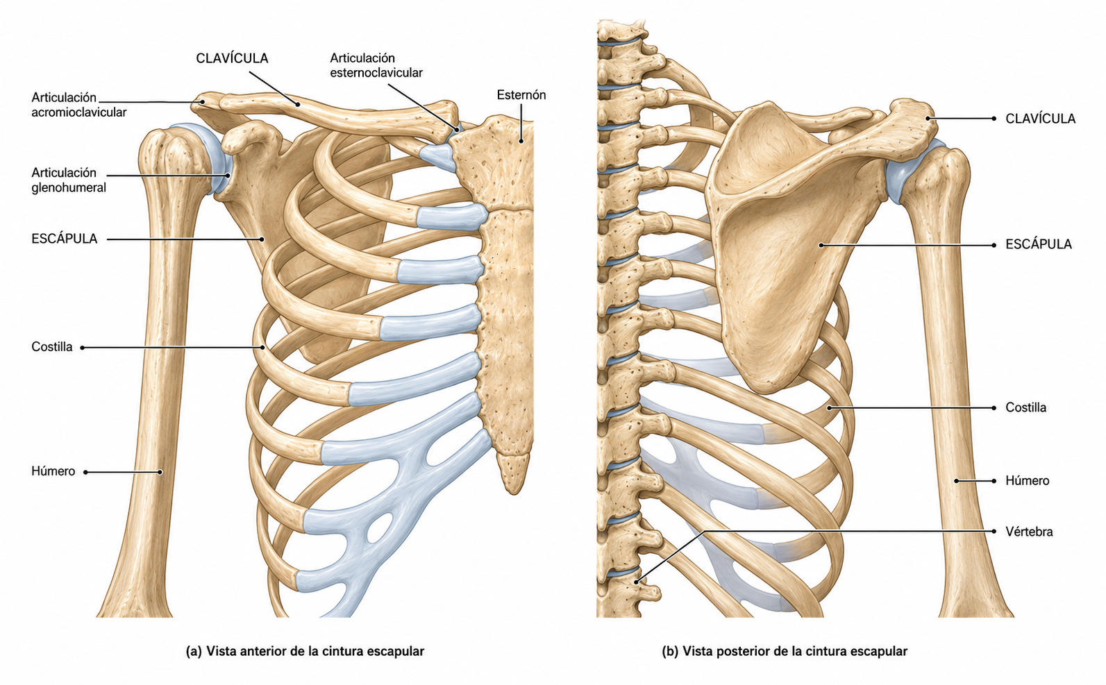 Ilustración anatómica de la cintura escapular en vista anterior y posterior, mostrando clavícula, escápula, húmero, costillas y articulaciones principales.