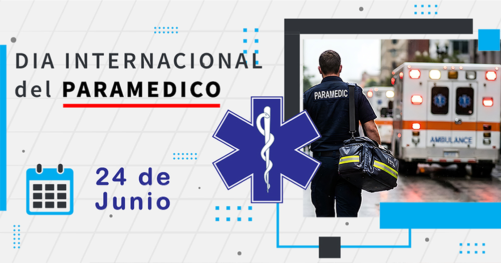 Día Internacional del Paramédico, profesional de atención prehospitalaria junto a una ambulancia y la Estrella de la Vida, símbolo de los Servicios Médicos de Emergencia.