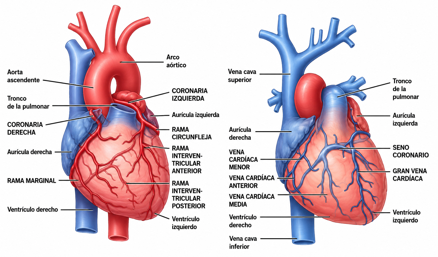 Vista anterior y posterior del corazón mostrando las principales arterias coronarias y venas cardíacas responsables de la irrigación y drenaje del miocardio.