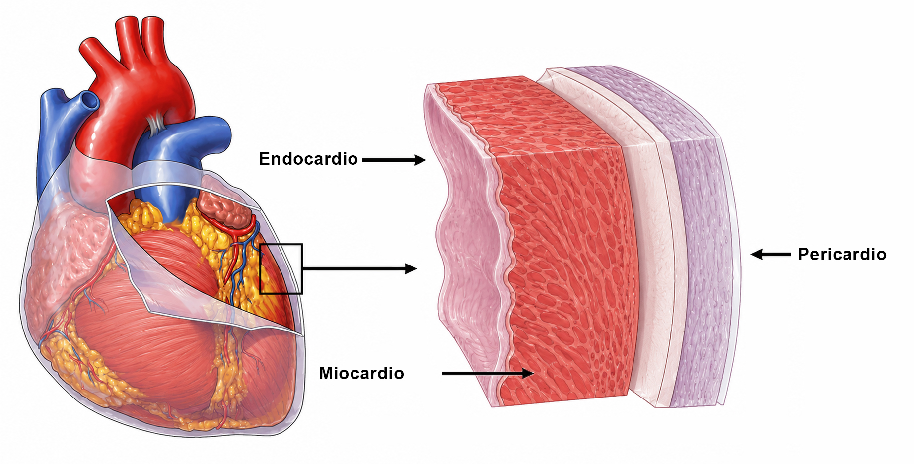 Capas del corazón mostrando pericardio, miocardio y endocardio.