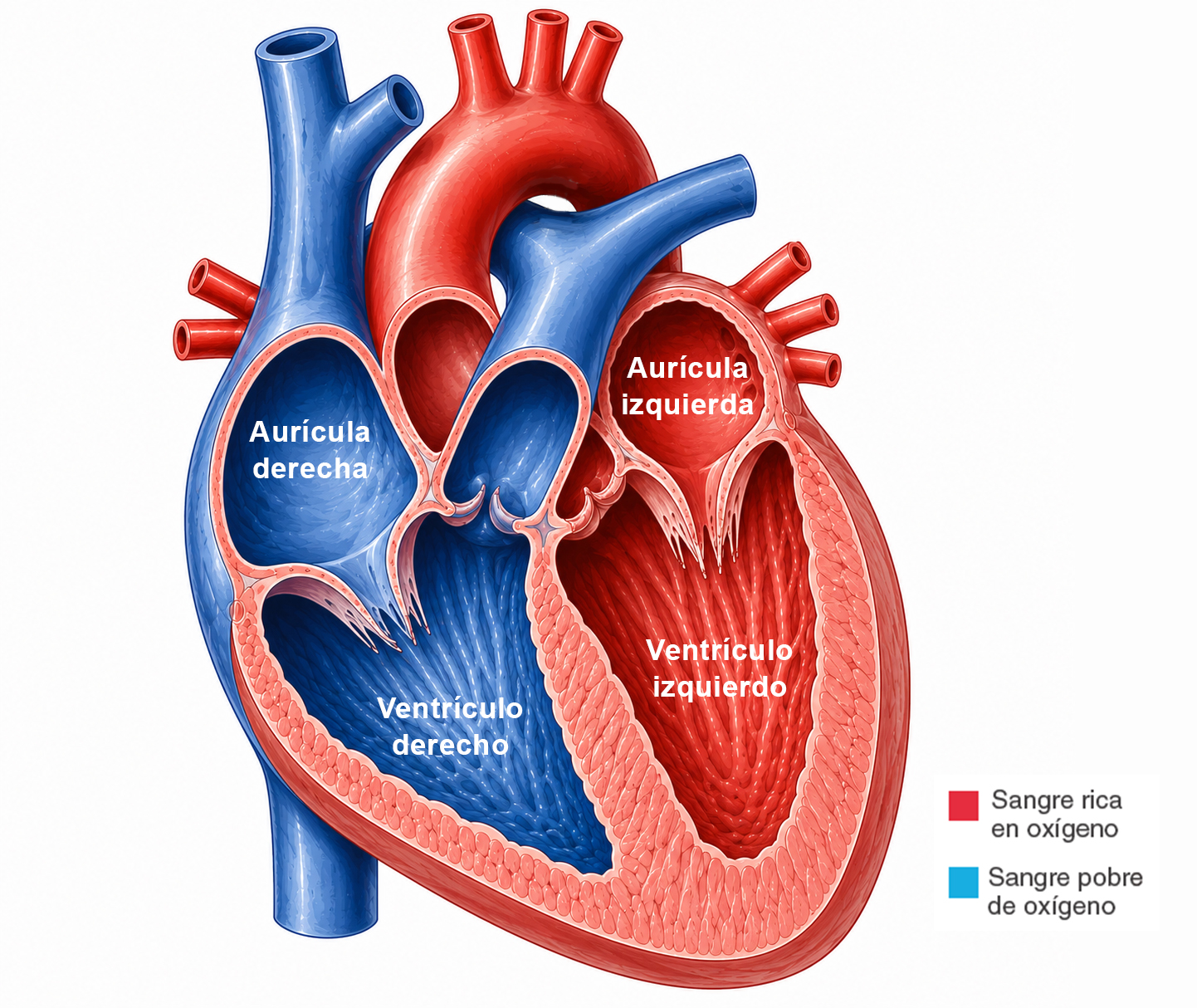 Cavidades cardíacas del corazón mostrando aurículas, ventrículos y grandes vasos sanguíneos.