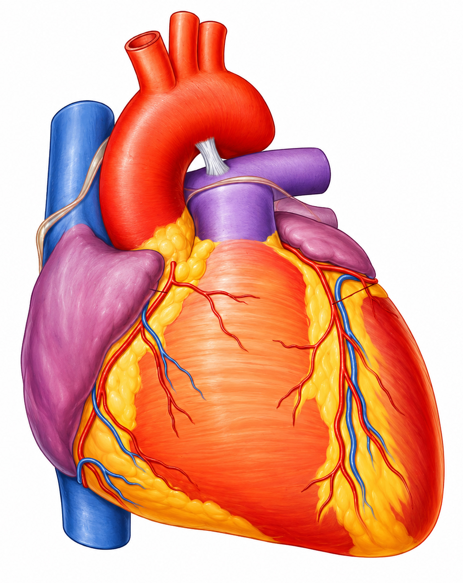 Vista anterior del corazón humano mostrando las principales estructuras externas y vasos coronarios.