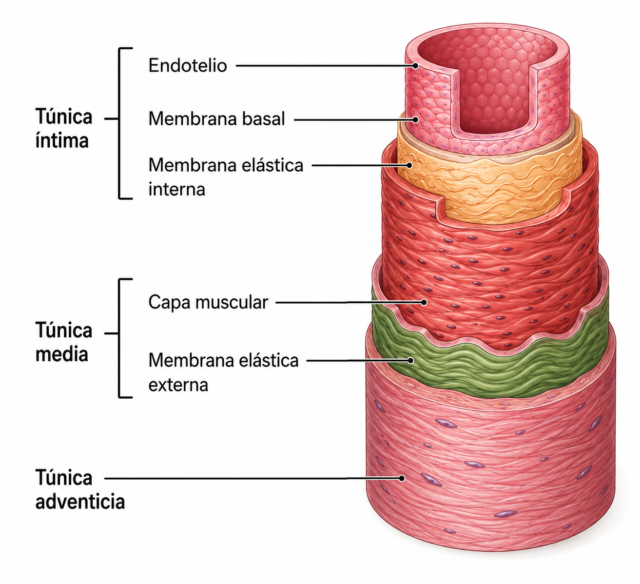 Estructura de una arteria mostrando las capas túnica íntima, túnica media y túnica adventicia.