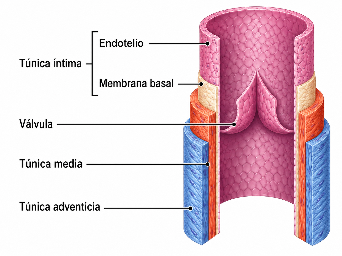 Estructura de una vena mostrando válvula venosa, túnica íntima, túnica media y túnica adventicia.