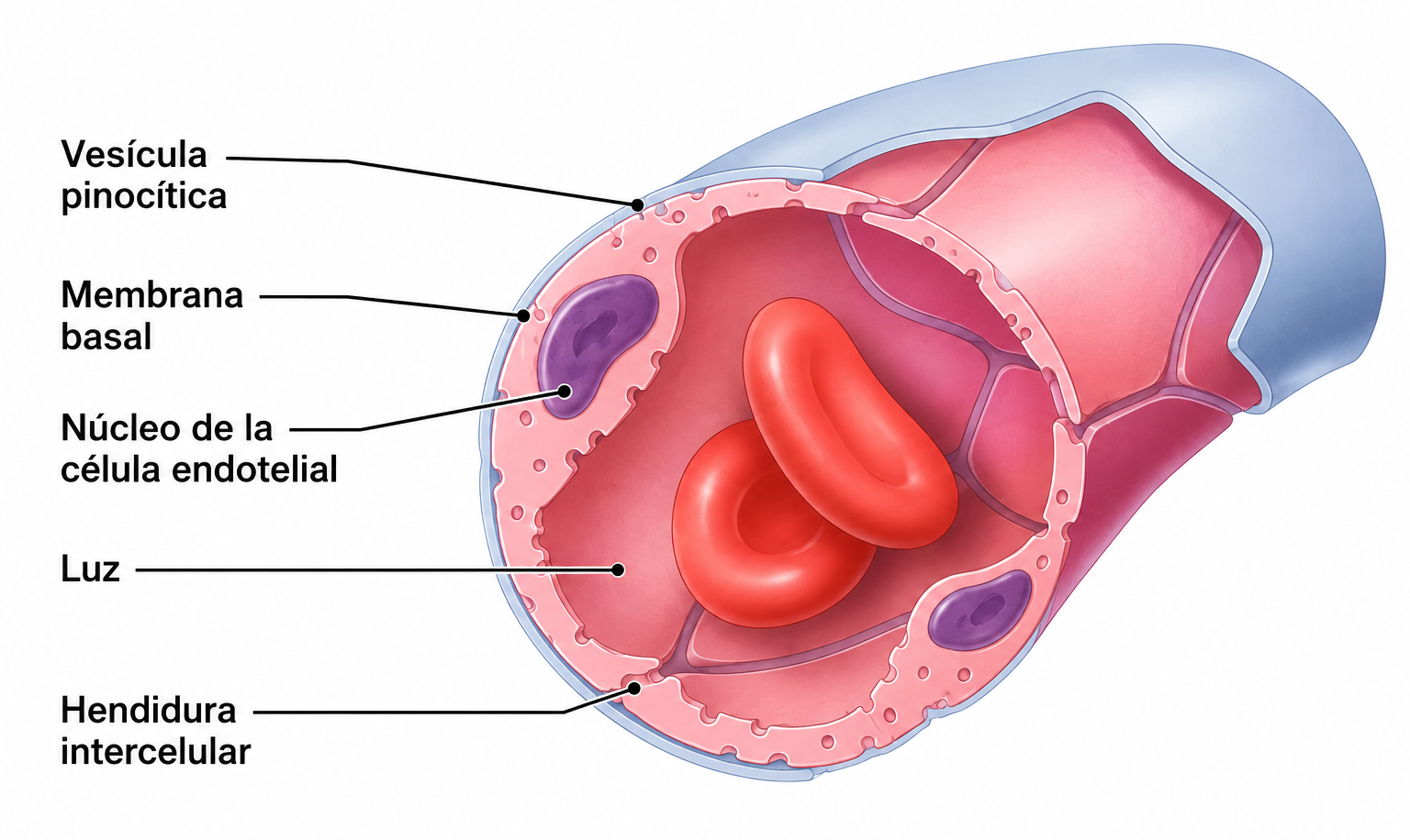 Estructura de un capilar sanguíneo mostrando la célula endotelial, membrana basal, luz capilar y eritrocitos en su interior.