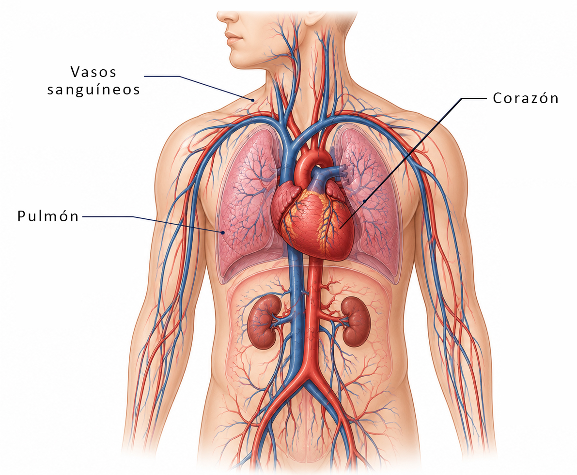 Sistema cardiovascular humano mostrando el corazón, los pulmones y los principales vasos sanguíneos.