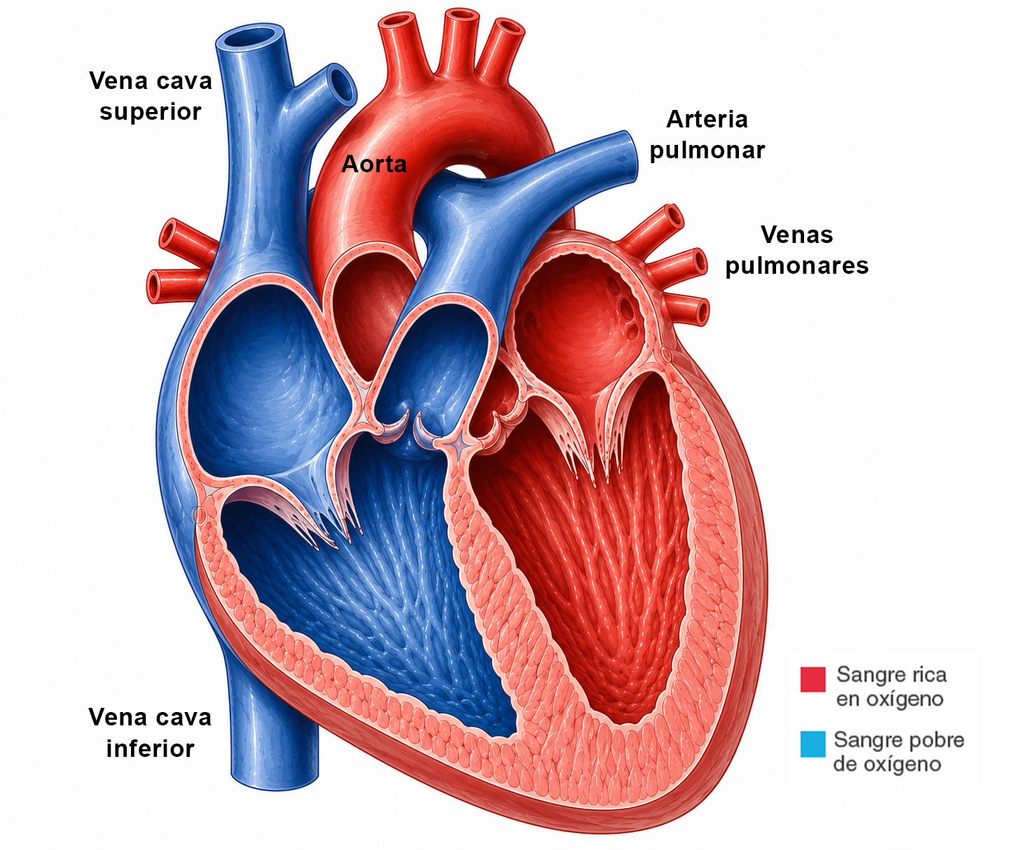 vasos sanguíneos del corazón mostrando aorta, arteria pulmonar, venas pulmonares y venas cavas.